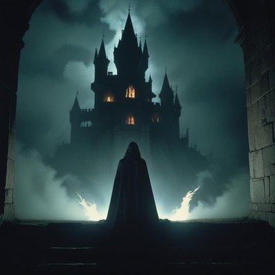 A cloaked figure stands before a castle at night