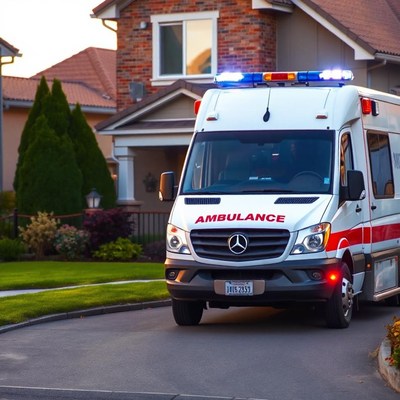 An ambulance drives down a residential street