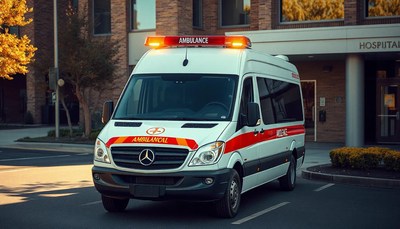 An ambulance is parked outside a hospital