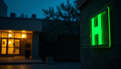 A green lit h sign illuminates a brick wall at night