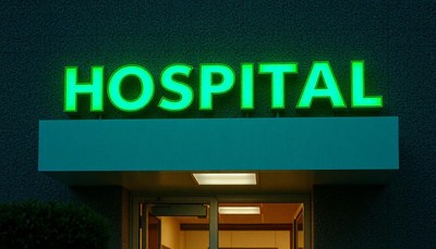 A green hospital sign at night