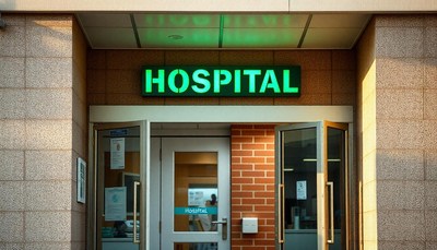 A hospital entrance with a green sign