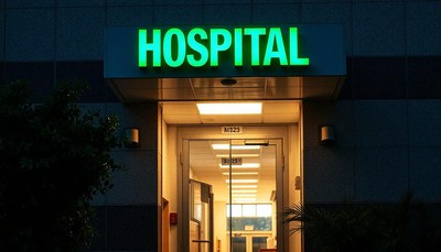 A hospital entrance at night