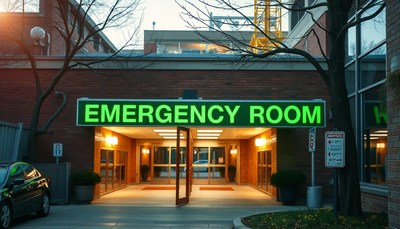 The emergency room entrance is open late at night