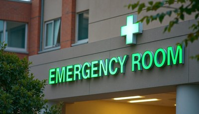 A green emergency room sign on a hospital building