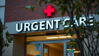 An urgent care center sign with a red cross
