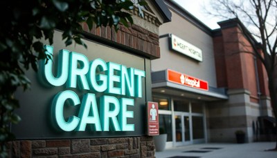 An urgent care sign outside a hospital