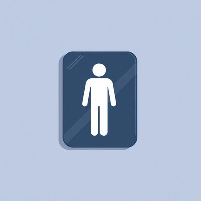 A blue restroom sign with a white stick figure