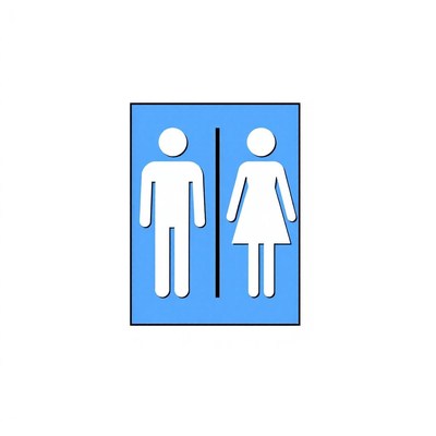 A blue restroom sign with white icons