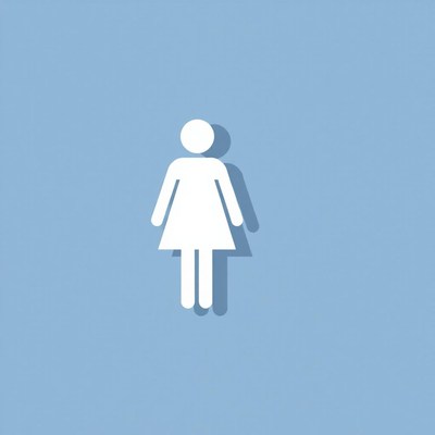 A white female restroom symbol on a blue background