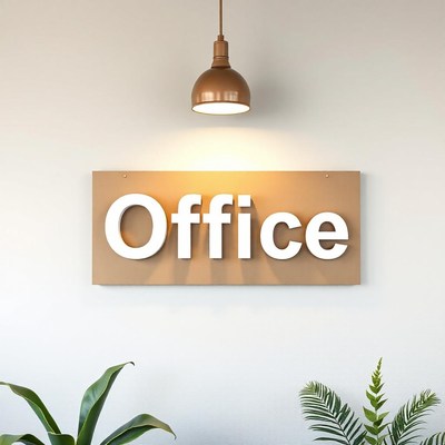 An office sign hangs on a white wall