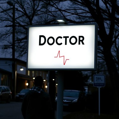 Evening lit sign of a doctor with heartbeat symbol