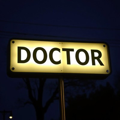 A lit sign reads doctor at night