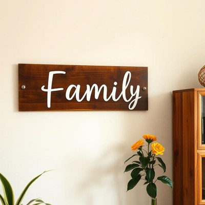 A wooden sign with the word family hangs on a wall