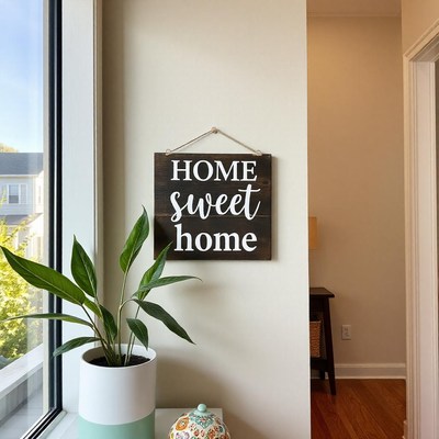 A home sweet home sign hangs on a wall