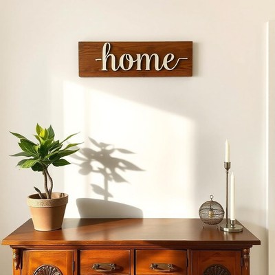 A wooden home sign hangs above a wooden dresser