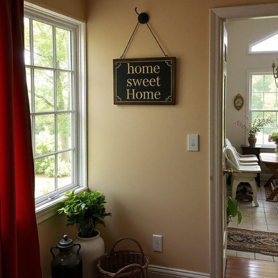 A home sweet home sign hangs near a window