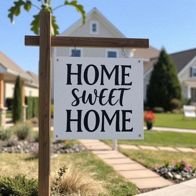A home sweet home sign sits in front of a house