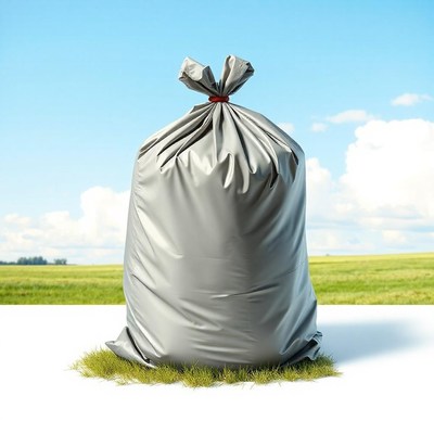 A gray garbage bag sits on grass in front of a field