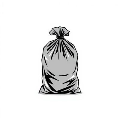 A black trash bag sits on a white background