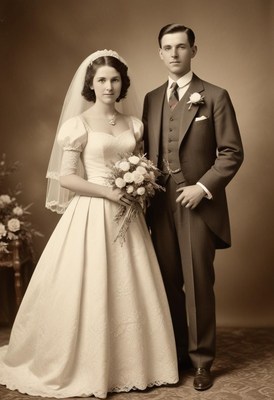 A bride and groom pose for a wedding portrait