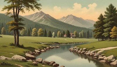 A calm river flows through a valley in the mountains