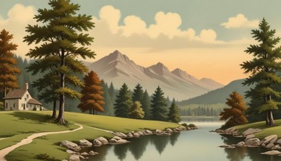 Cottage by a river in mountain foothills