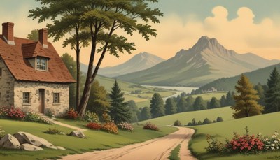 A cottage nestled in mountain foothills