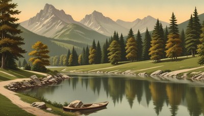 A boat sits on a calm lake surrounded by trees and mountains