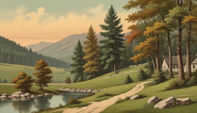 A winding path leads to a small house in a valley