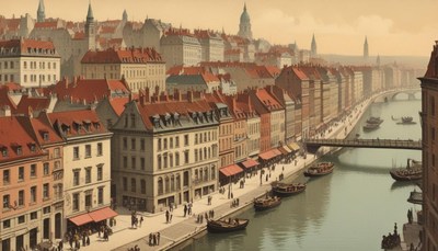 A canal runs through a city with many boats and a bridge
