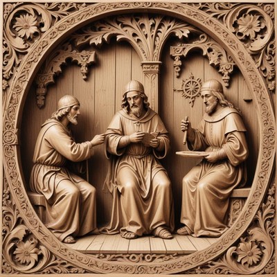 Three men are carved in wood