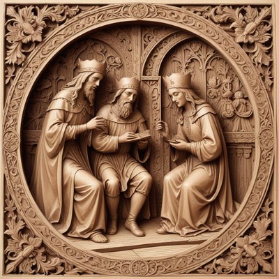A wooden carving of three people wearing crowns