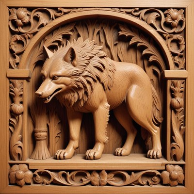 A detailed wooden carving of a wolf
