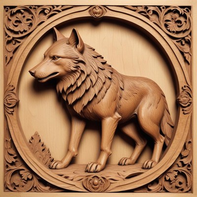 A detailed wooden carving of a wolf