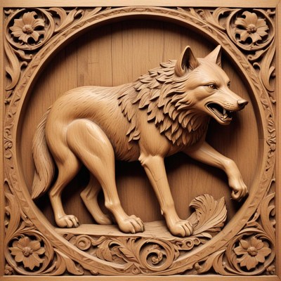 A detailed wooden carving of a wolf