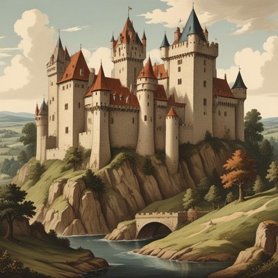 A large stone castle sits on a cliff overlooking a river