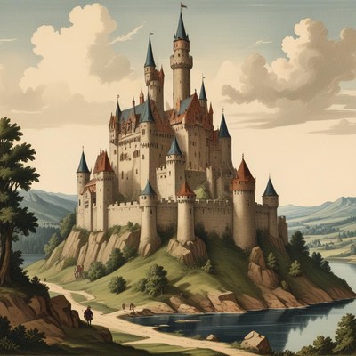 A large castle stands on a hill overlooking a river
