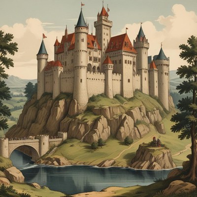 A majestic castle sits atop a rocky hill