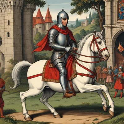 A knight rides a white horse past a castle