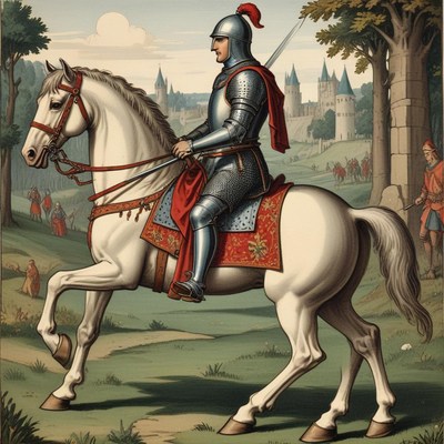 A knight rides a white horse past a medieval castle