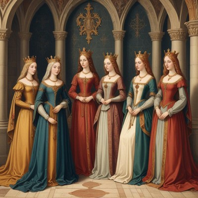 Six women stand in a grand hall