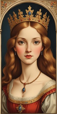 A woman wearing a crown looks directly at the viewer