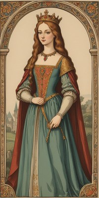 A queen in a blue dress stands in a framed portrait