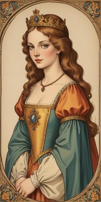 A queen in a golden crown stands in a painting