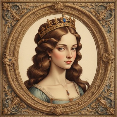 A woman in a crown looks directly at the viewer