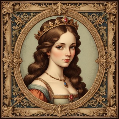 A woman in a crown stares directly at the viewer