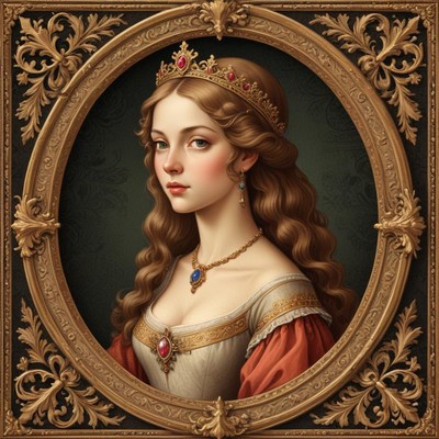 A woman wearing a crown stares into the distance