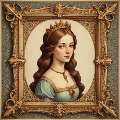 A portrait of a queen in an ornate frame