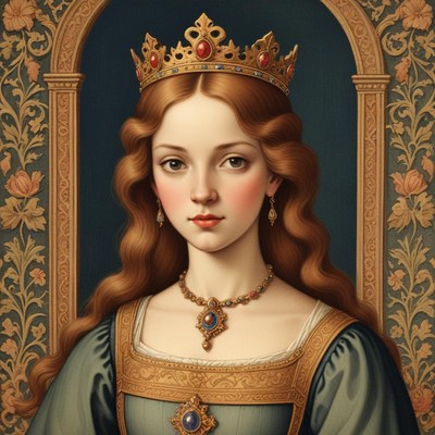 A woman wearing a crown and jewelry poses for a portrait